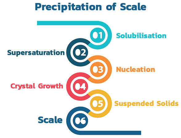 Precipitation of scale starts from Solubilisation then supersatuartion then nucleation then crystal growth, then suspended solids, then scale formed
